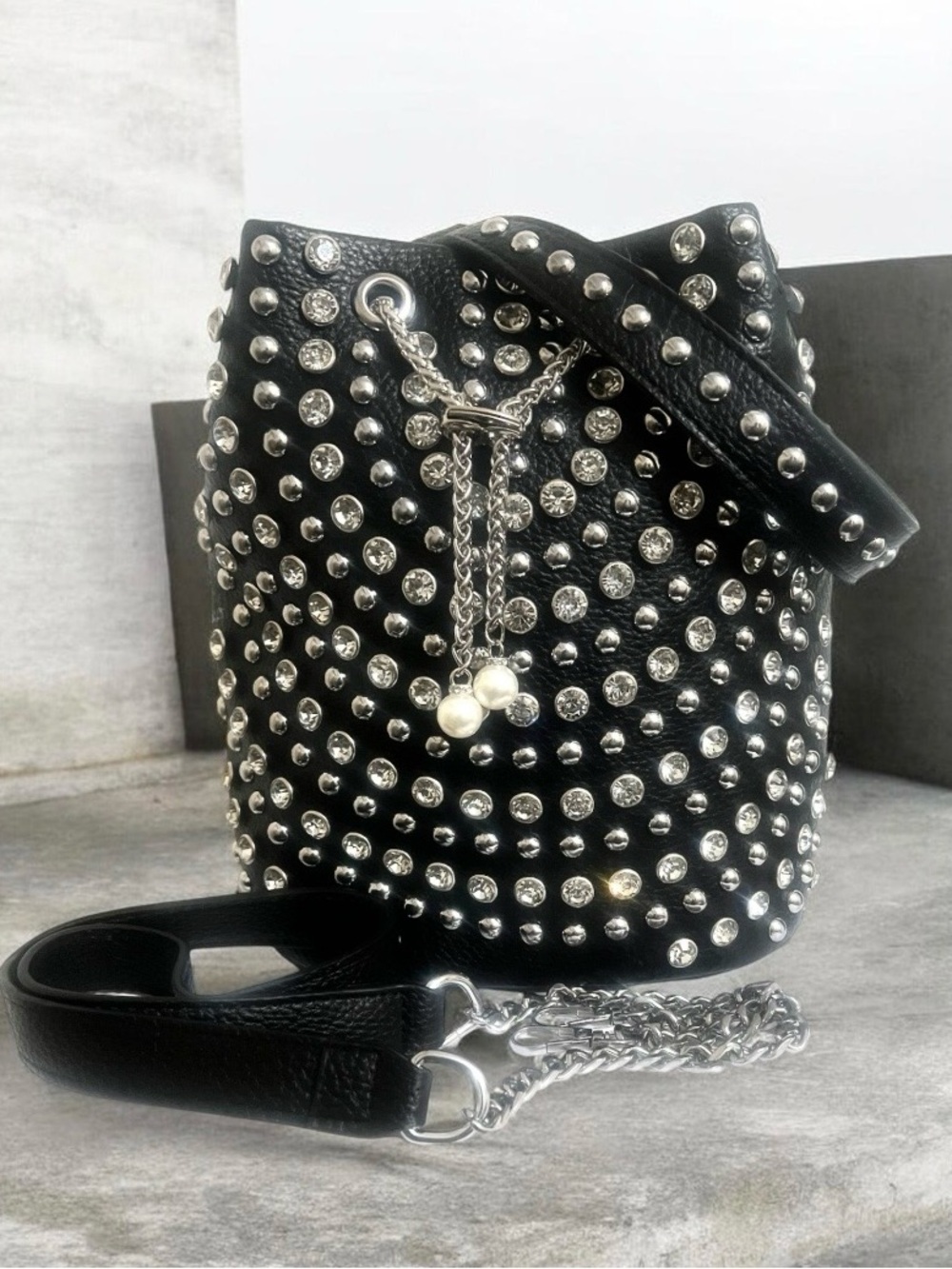 Black Silver Studded & Rhinestone Drawstring Bucket Bag - Picture 3 of 8